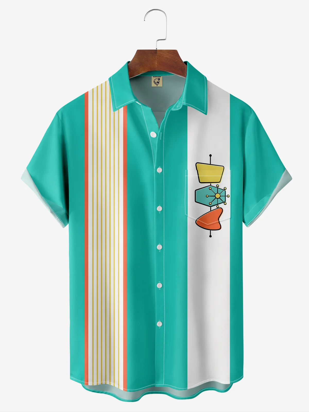 Art Medieval Geometric Pattern Chest Pocket Short Sleeve Bowling Shirt