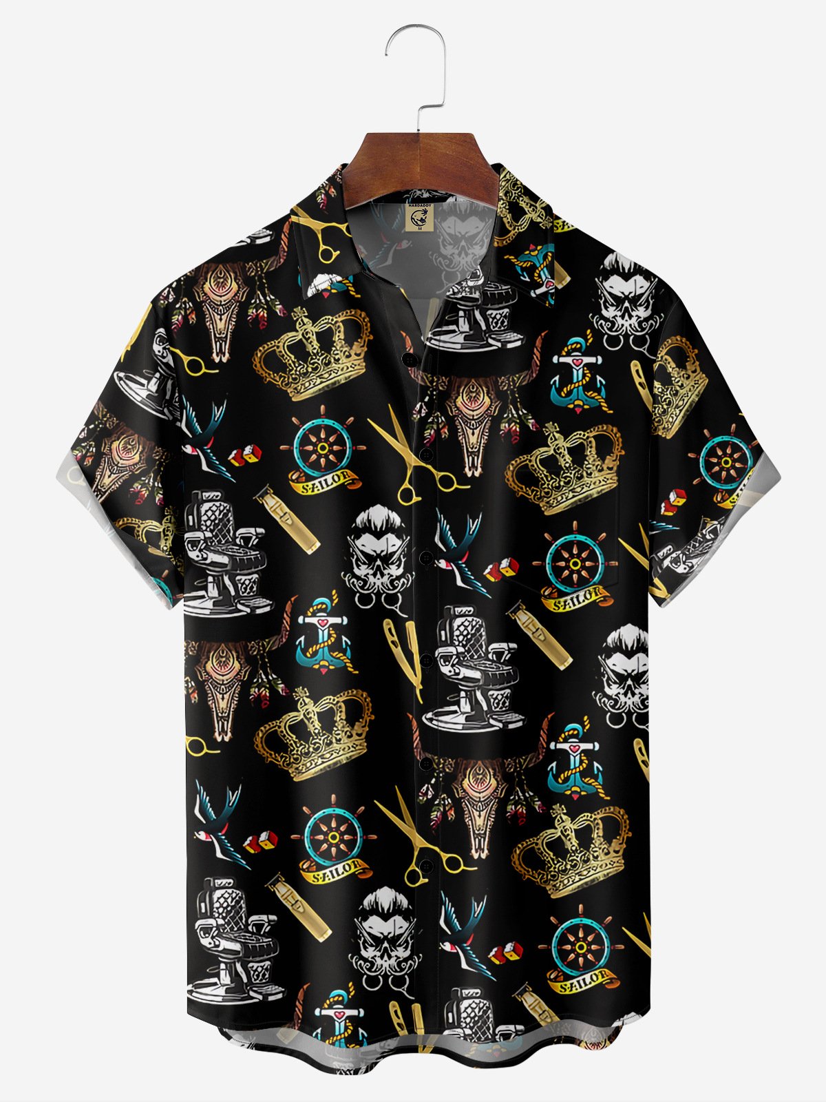 Skeleton Barber Chest Pocket Short Sleeve Hawaiian Shirt