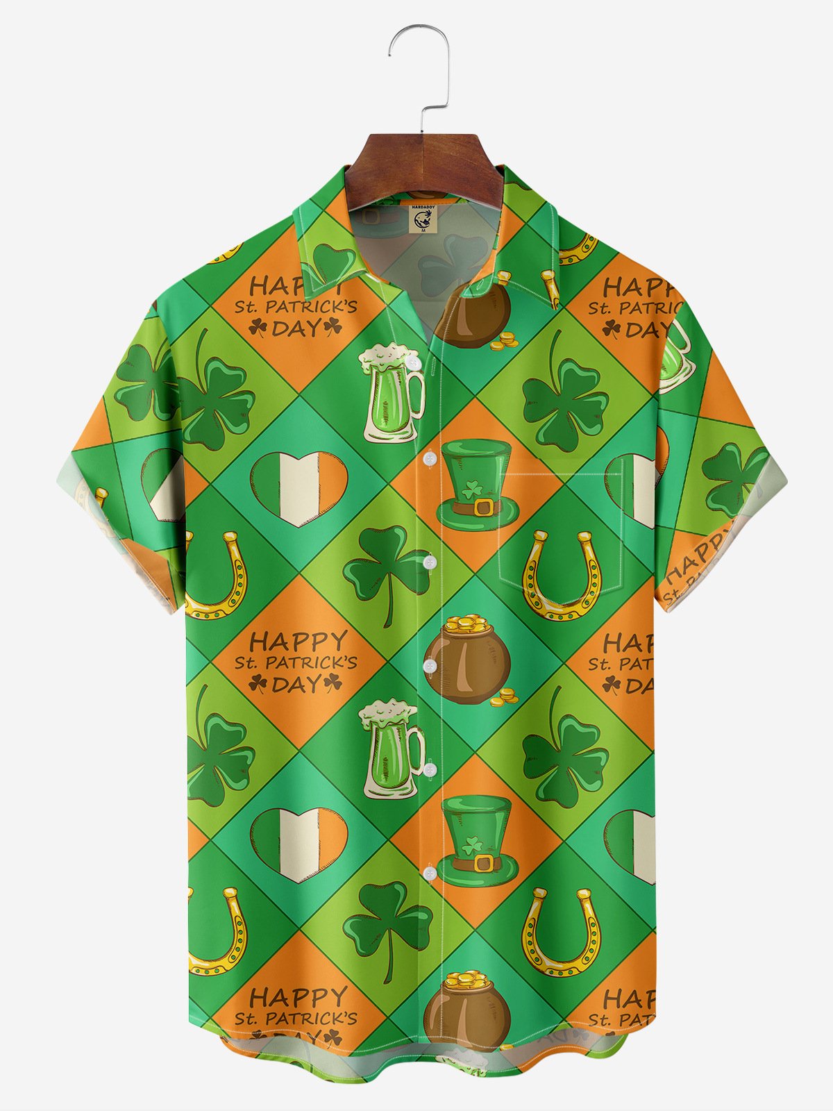 Hardaddy Hawaiian Button Up Shirt for Men Green Irish St. Patrick's Day Lucky Clover Gold Coins Regular Fit Short Sleeve Shirt St Paddy's Day Shirt