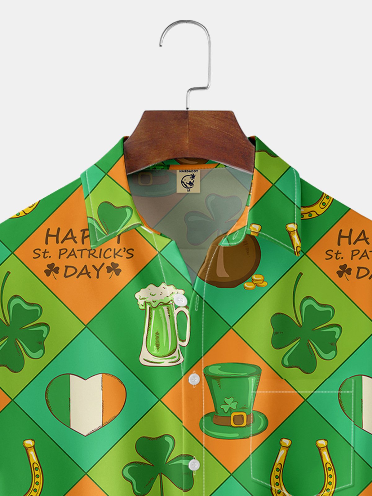 Hardaddy Hawaiian Button Up Shirt for Men Green Irish St. Patrick's Day Lucky Clover Gold Coins Regular Fit Short Sleeve Shirt St Paddy's Day Shirt