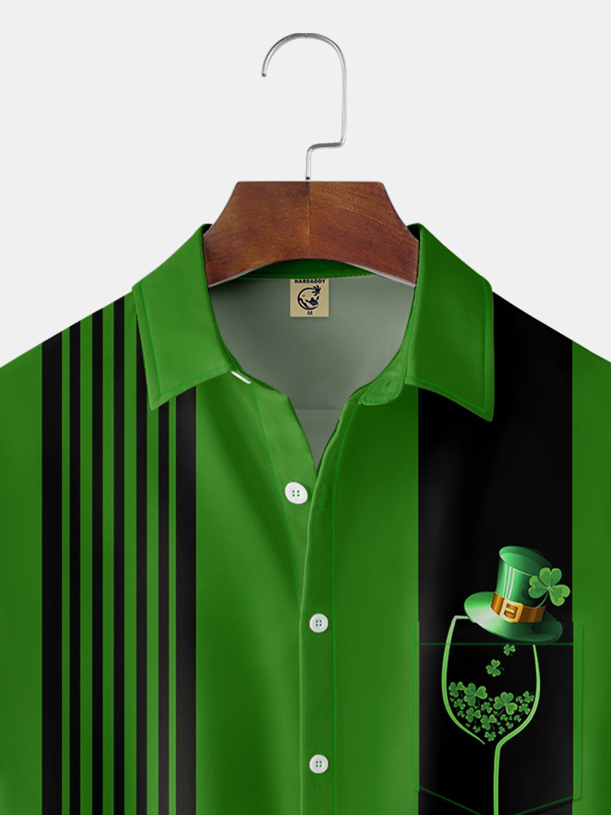 Hardaddy Hawaiian Button Up Shirt for Men Green And Black St. Patrick's Day Clover Wine Regular Fit Short Sleeve Bowling Shirt St Paddy's Day Shirt