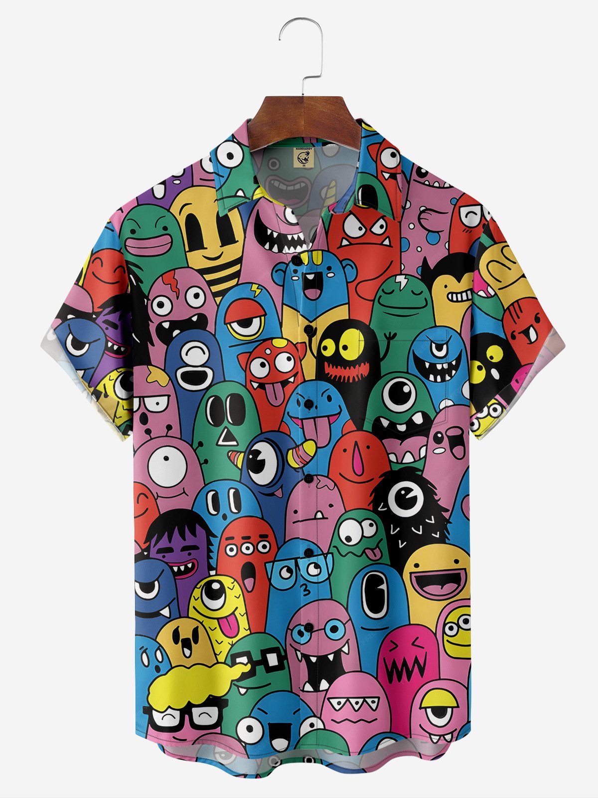 Cartoon Expression Chest Pocket Short Sleeve Casual Shirt