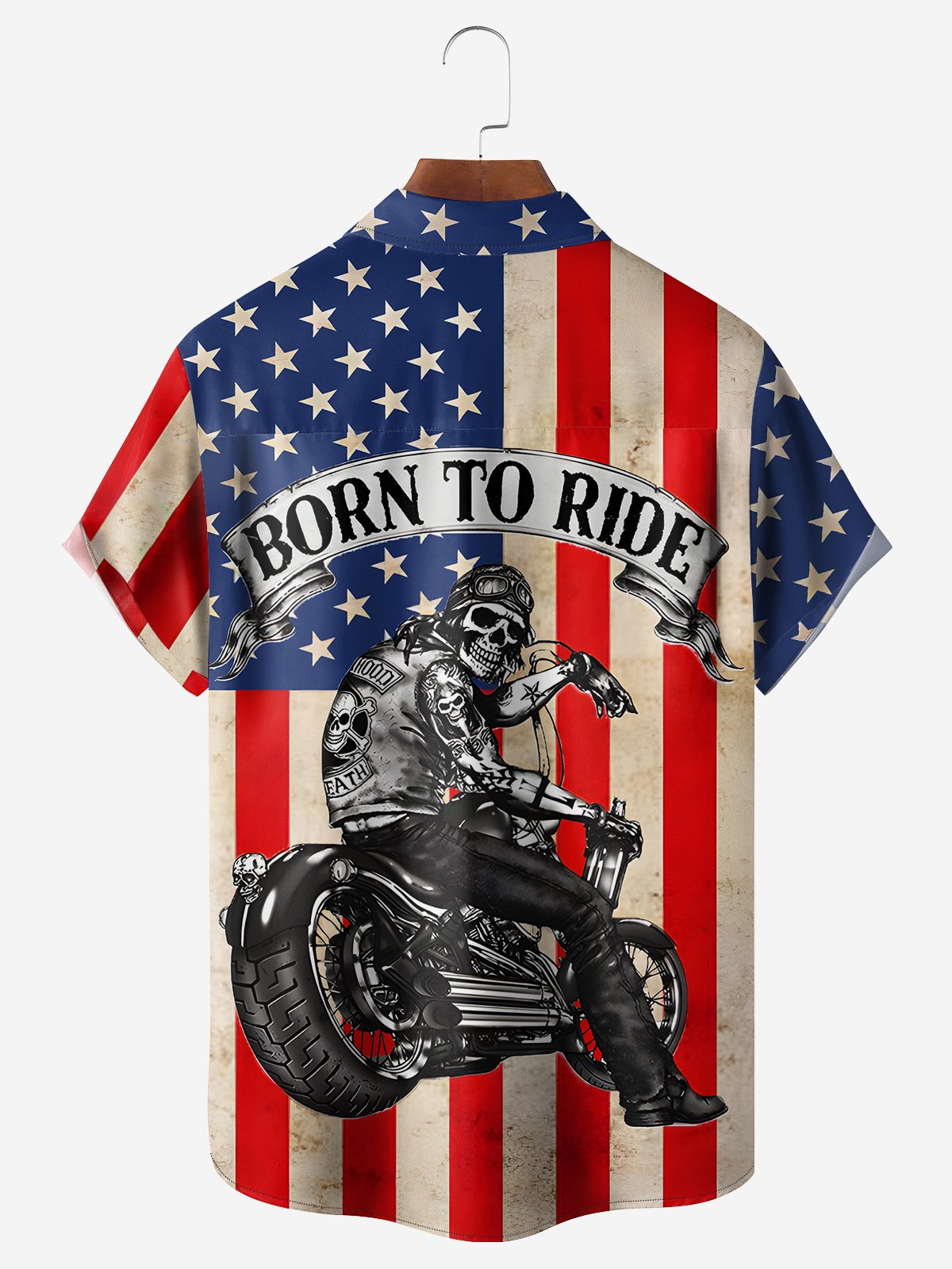 American Flag Skull Chest Pocket Short Sleeve Casual Shirt