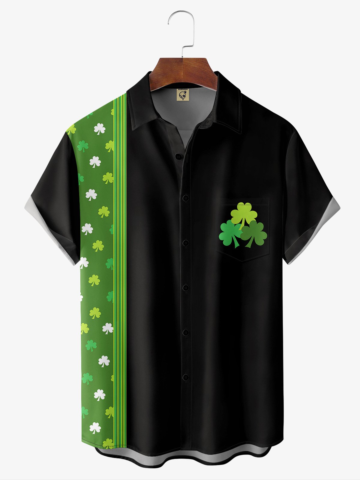 Hardaddy Hawaiian Button Up Shirt for Men Green And Black St. Patrick's Day Lucky Clover Regular Fit Short Sleeve Bowling Shirt St Paddy's Day Shirt