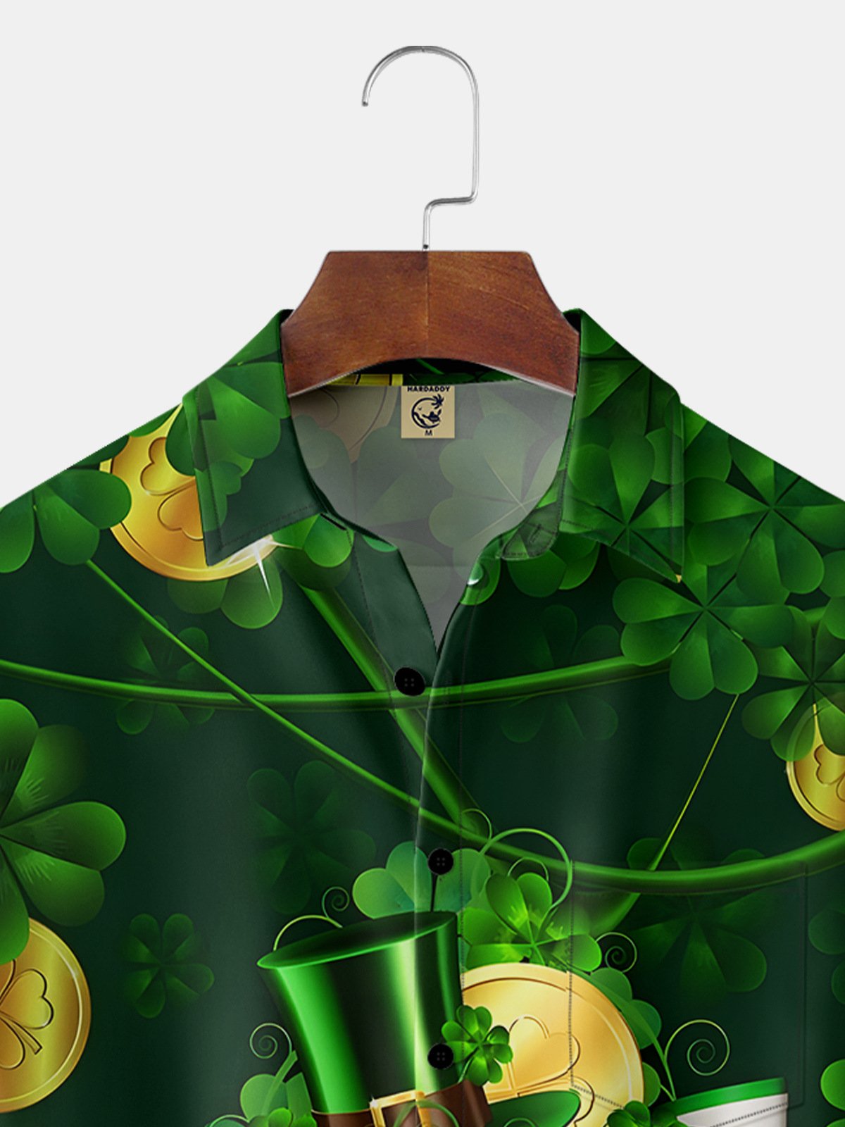 Hardaddy Hawaiian Button Up Shirt for Men Green St. Patrick's Day Lucky Clover Gold Coins Regular Fit Short Sleeve Shirt St Paddy's Day Shirt