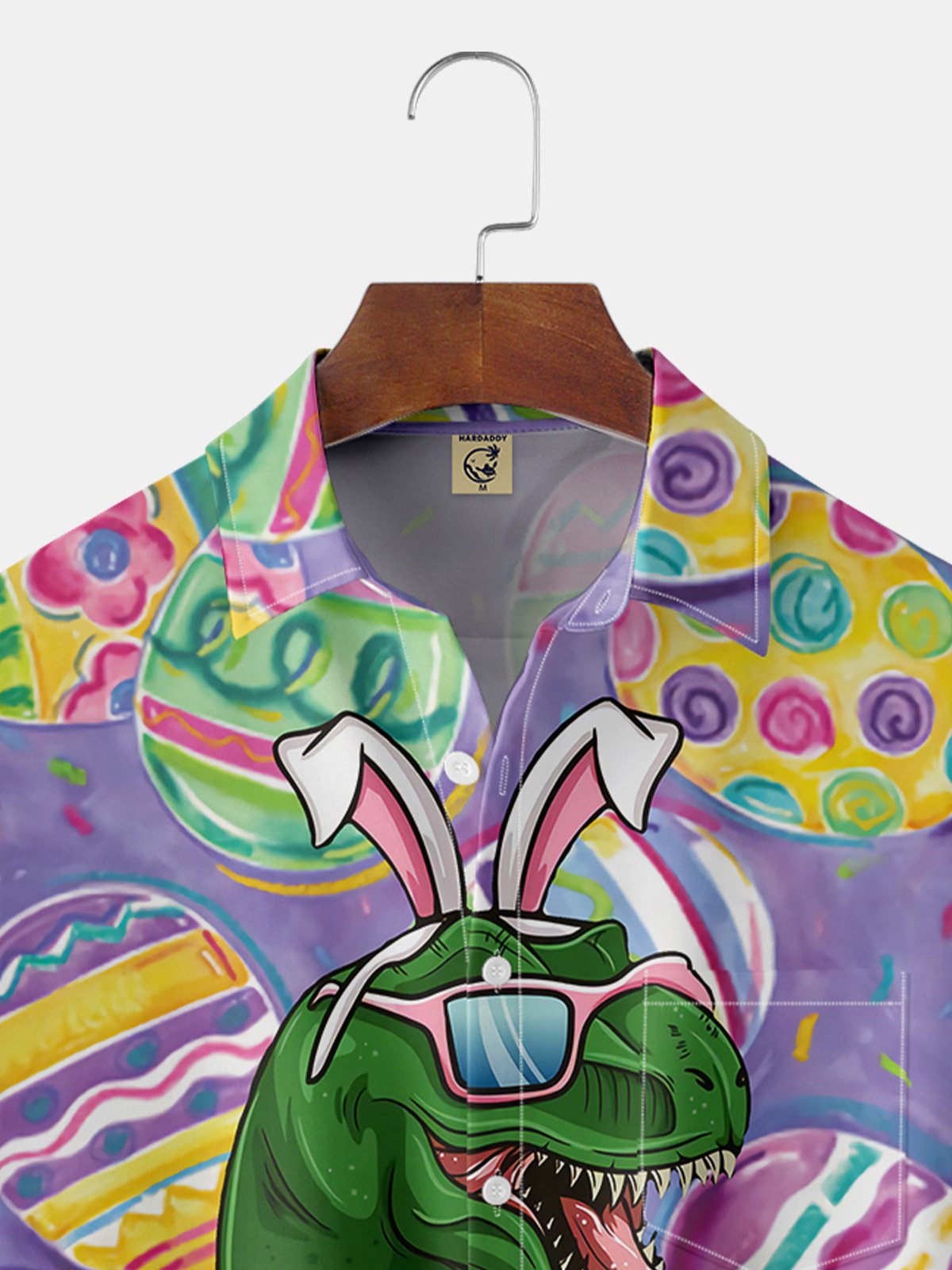 Hardaddy Easter Shirts Dinosaur Easter Egg Purple Regular Fit Chest Pocket Short Sleeve Shirt For Men