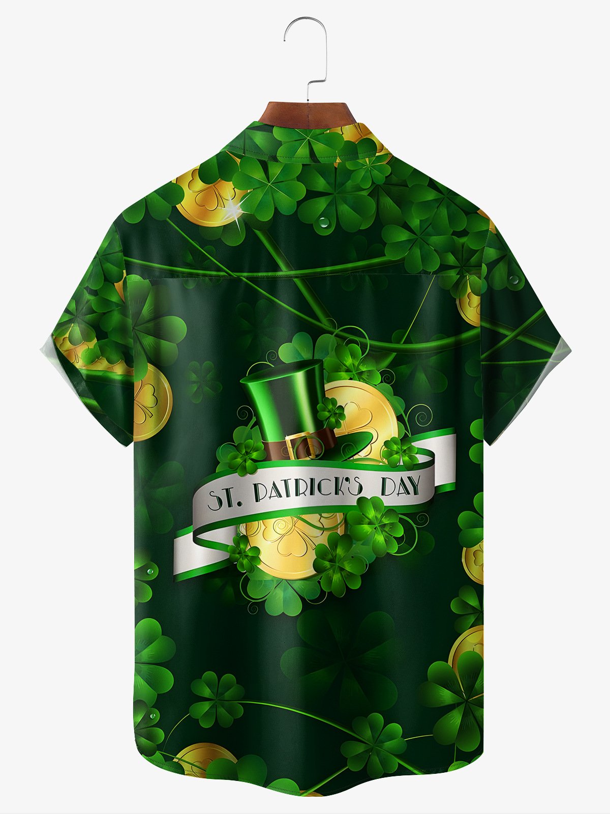 Hardaddy Hawaiian Button Up Shirt for Men Green St. Patrick's Day Lucky Clover Gold Coins Regular Fit Short Sleeve Shirt St Paddy's Day Shirt