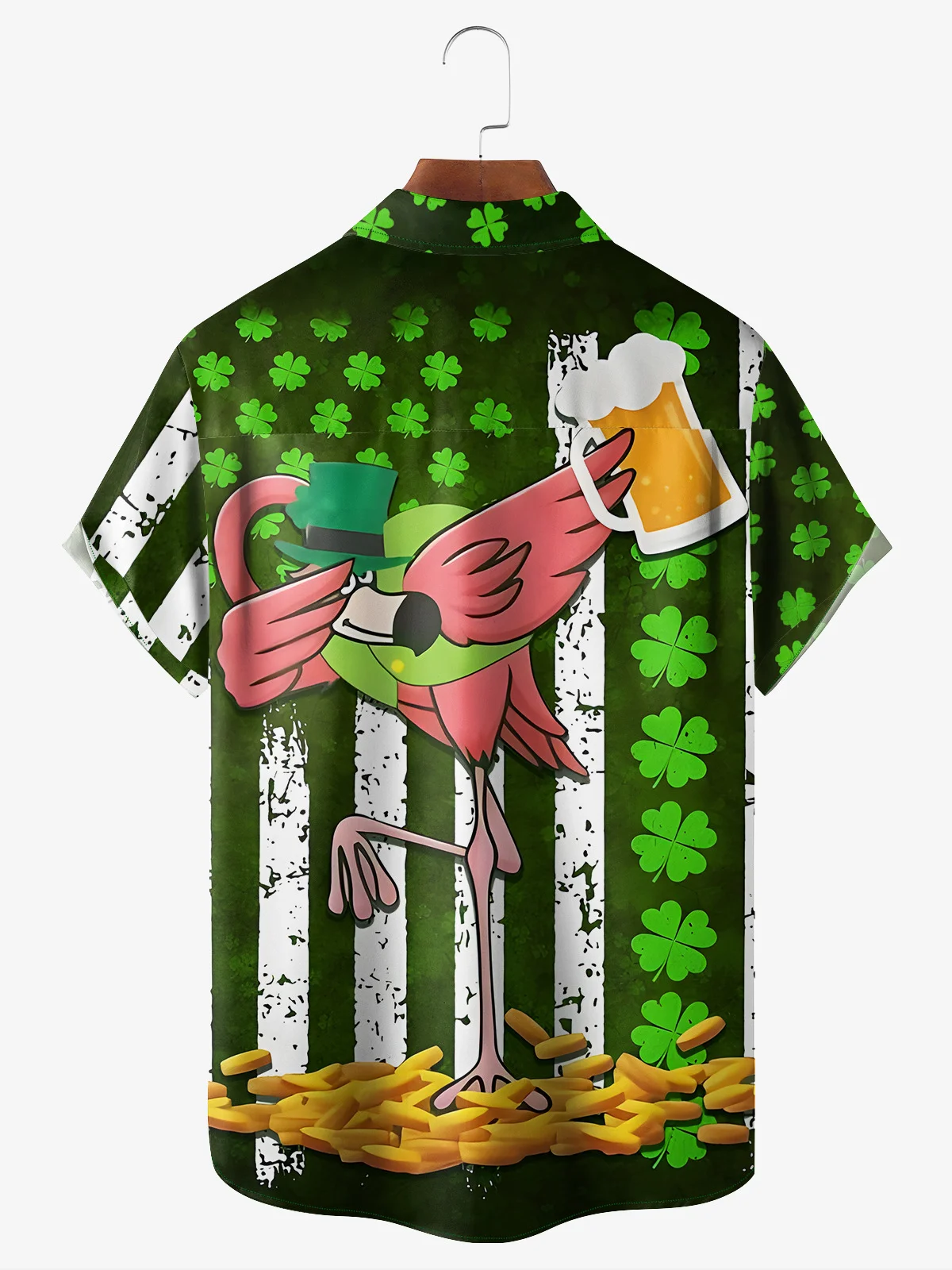 Hardaddy Hawaiian Button Up Shirt for Men Green St. Patrick's Day Lucky Clover Gold Coins Pink Flamingo Beer Regular Fit Short Sleeve Shirt St Paddy's Day Shirt