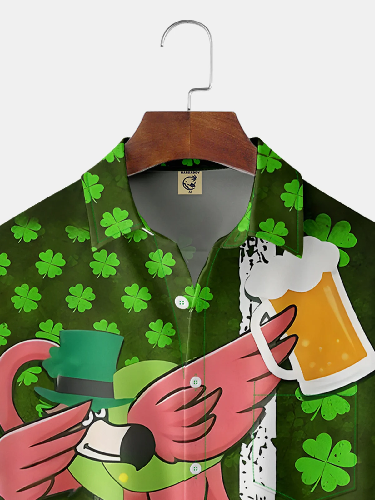 Hardaddy Hawaiian Button Up Shirt for Men Green St. Patrick's Day Lucky Clover Gold Coins Pink Flamingo Beer Regular Fit Short Sleeve Shirt St Paddy's Day Shirt