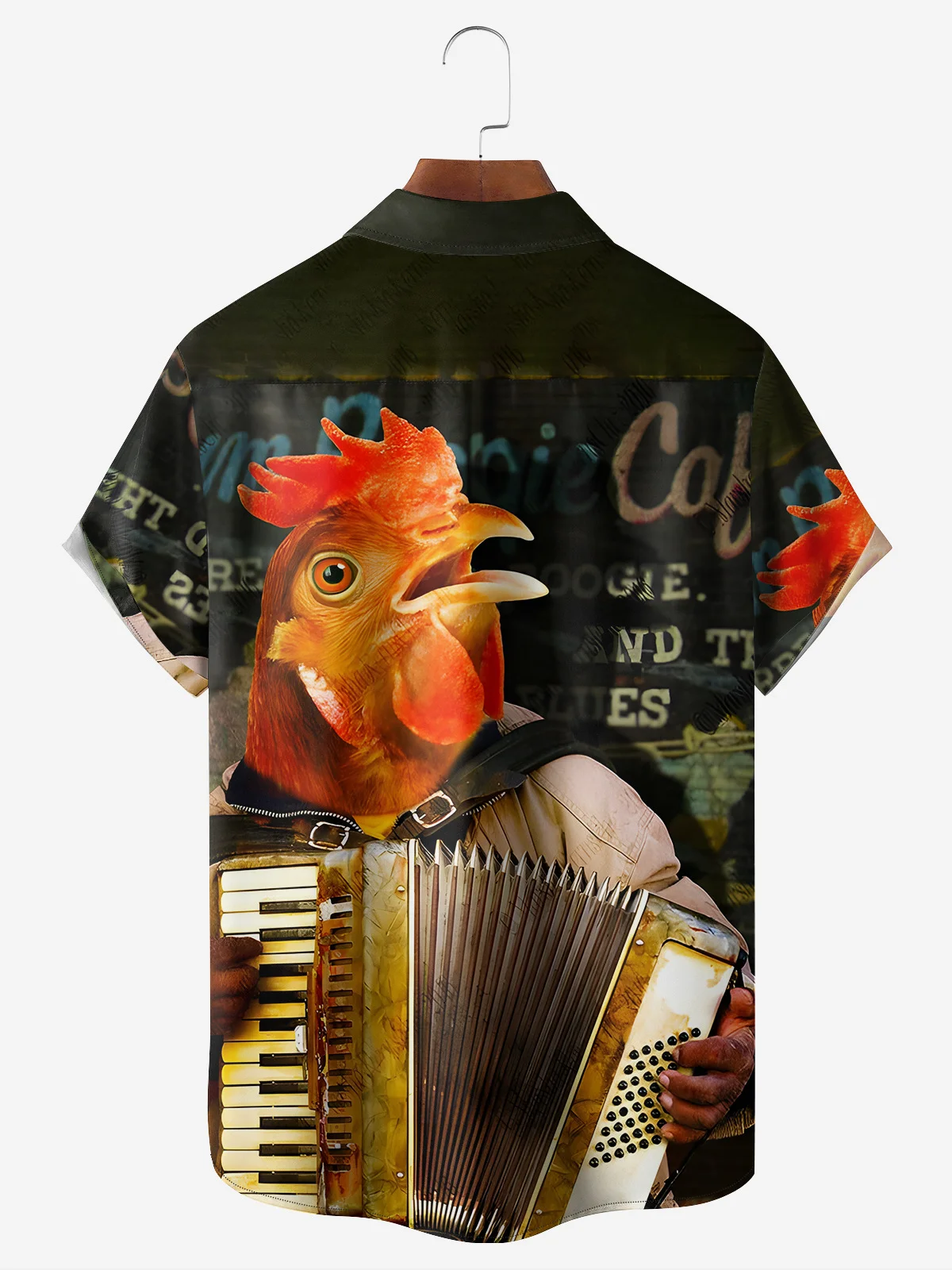 Music Rooster Chest Pocket Short Sleeve Casual Shirt