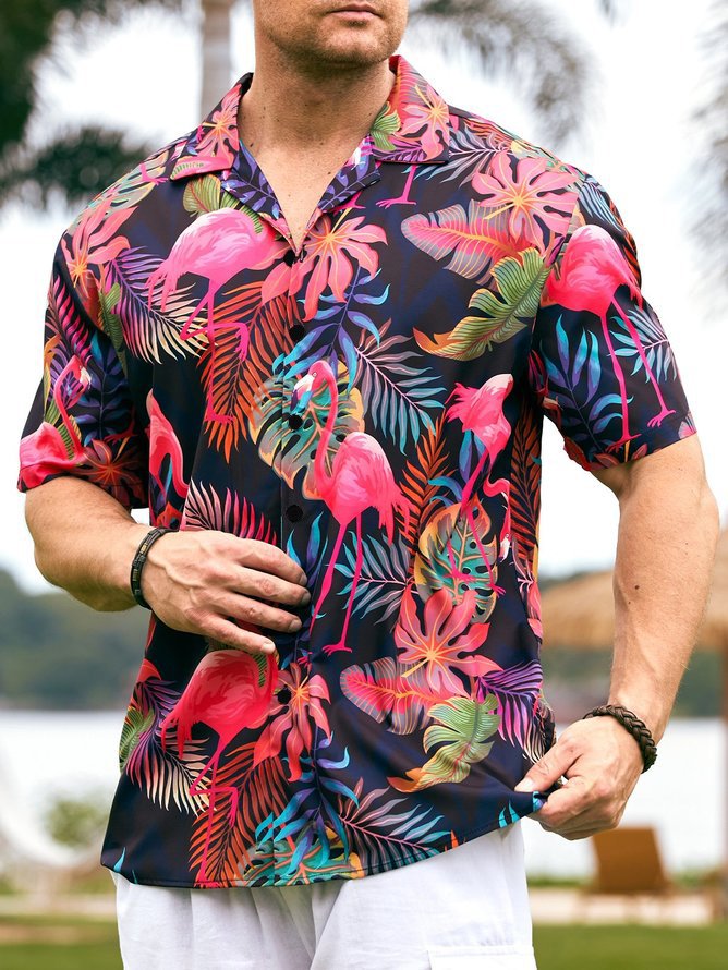 Hardaddy Men's Botanical Flamingo Print Casual Short Sleeve Hawaiian Shirt