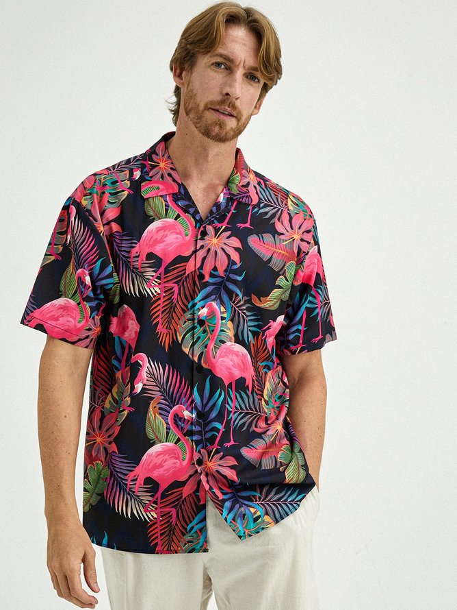 Hardaddy Men's Botanical Flamingo Print Casual Short Sleeve Hawaiian Shirt