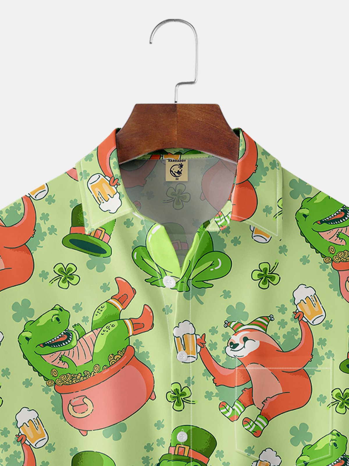 St. Patrick's Day Cartoon Animal Chest Pocket Short Sleeve Casual Shirt