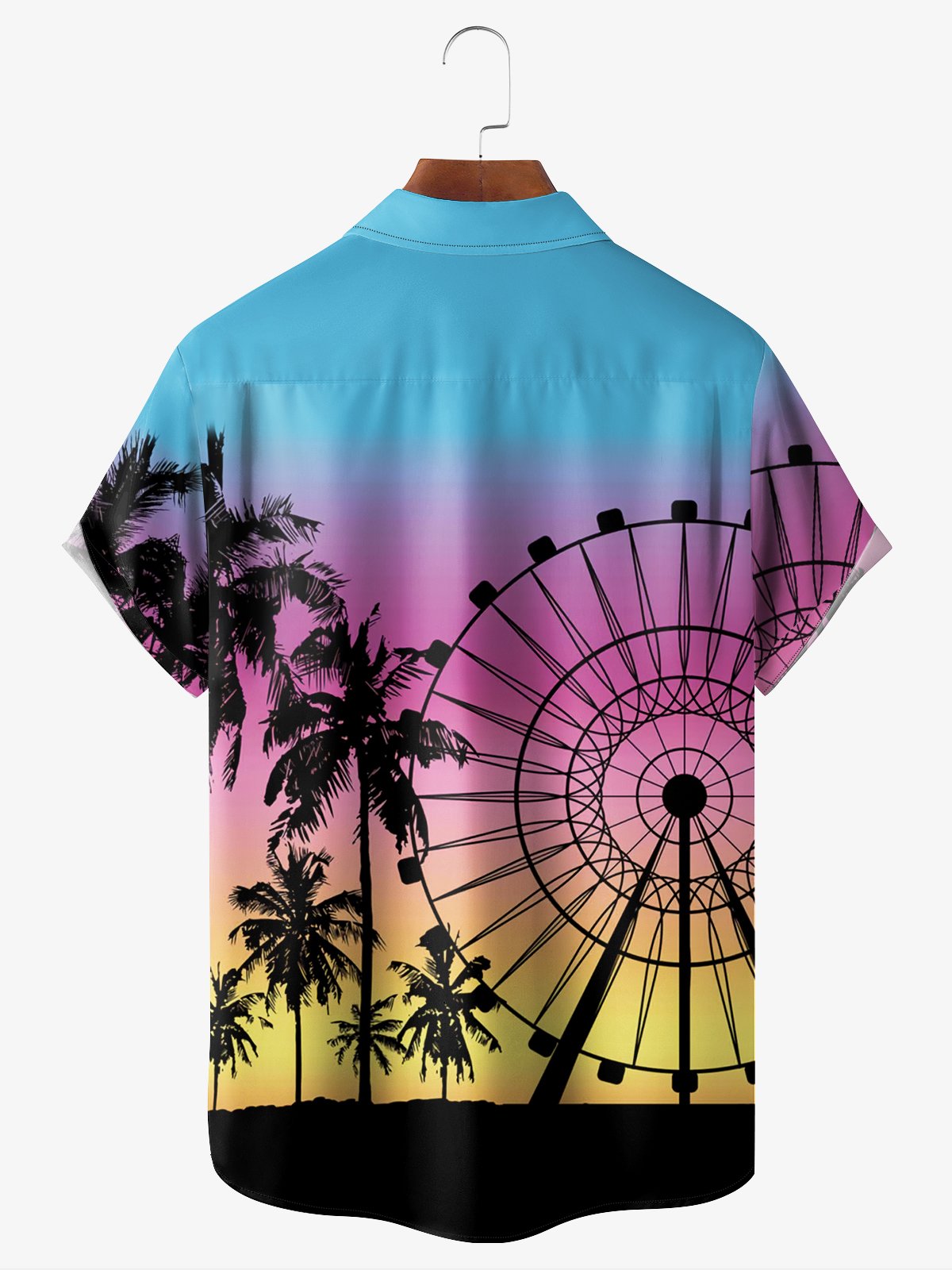 Coconut Tree Ferris Wheel Chest Pocket Short Sleeve Hawaiian Shirt