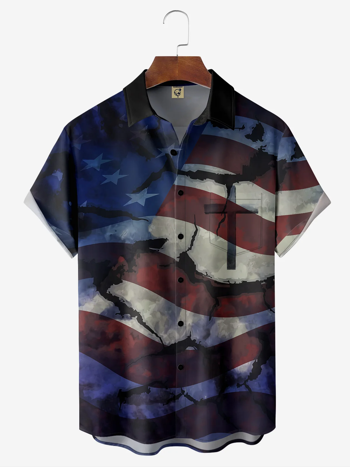 Easter Cross American Flag Chest Pocket Short Sleeve Casual Shirt