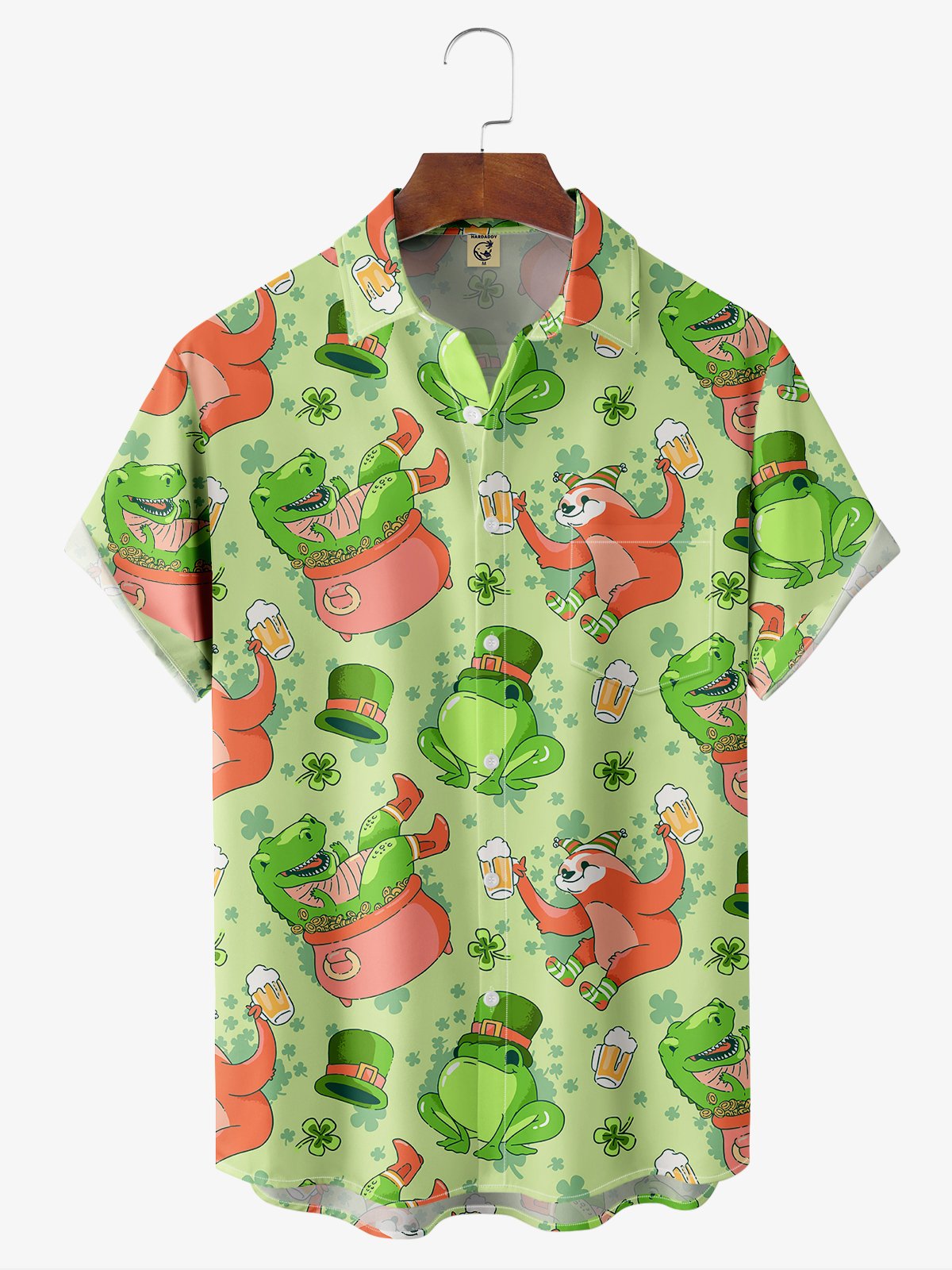 St. Patrick's Day Cartoon Animal Chest Pocket Short Sleeve Casual Shirt