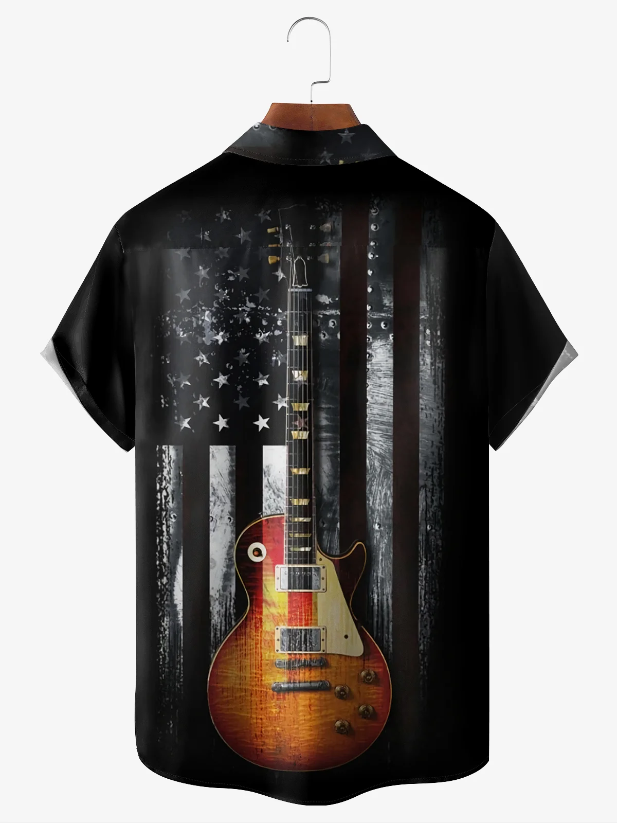 Hardaddy American Flag Guitar Chest Pocket Short Sleeve Casual Shirt