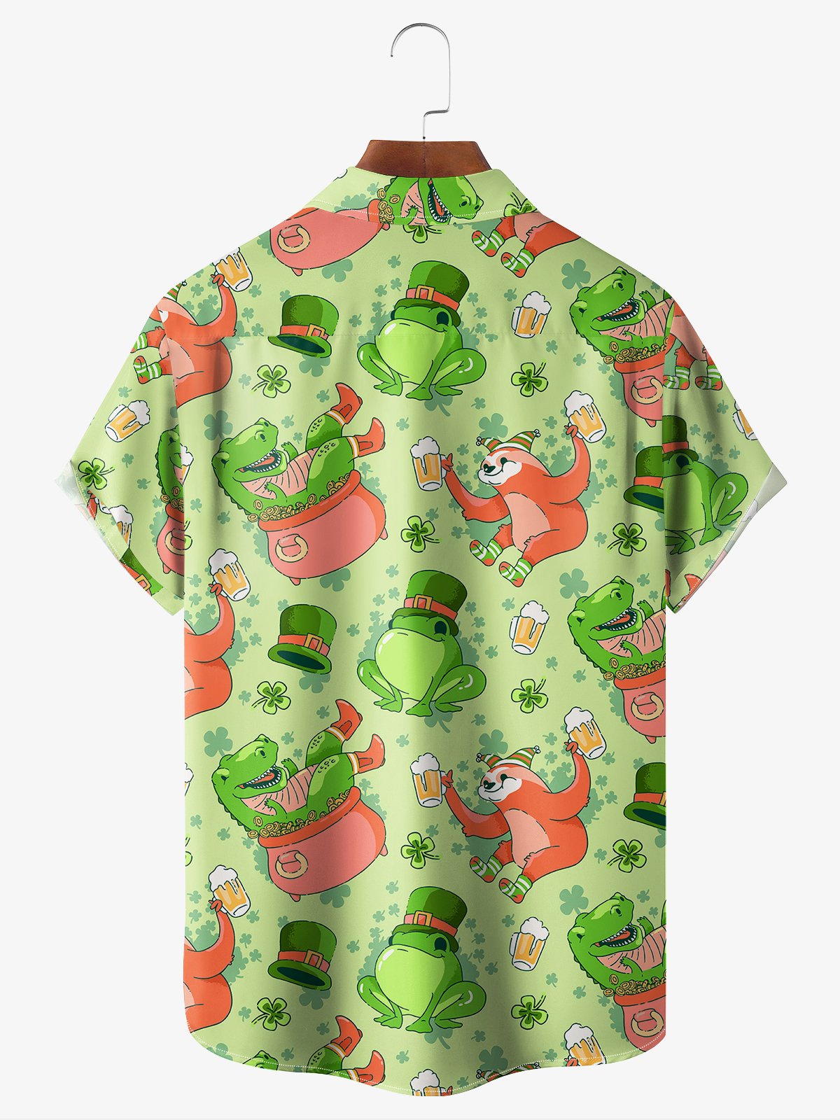 St. Patrick's Day Cartoon Animal Chest Pocket Short Sleeve Casual Shirt