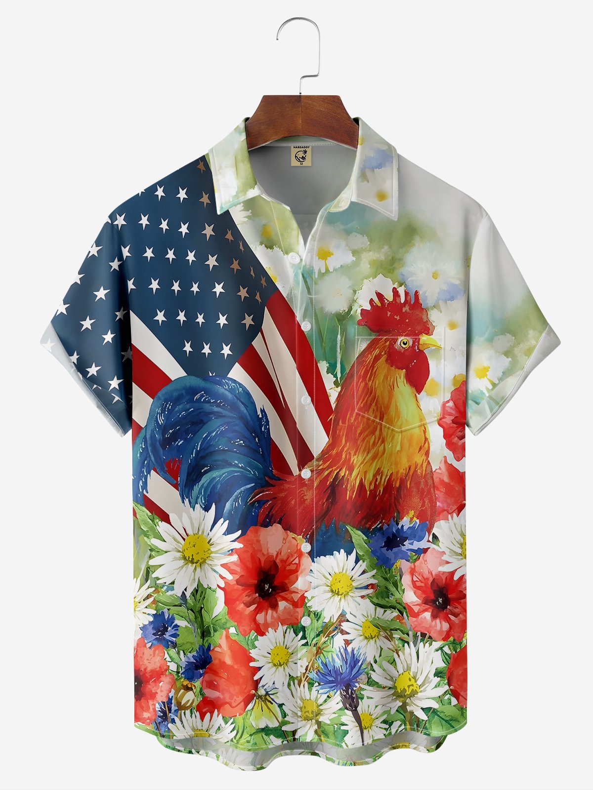 American Flag Rooster Chest Pocket Short Sleeve Casual Shirt