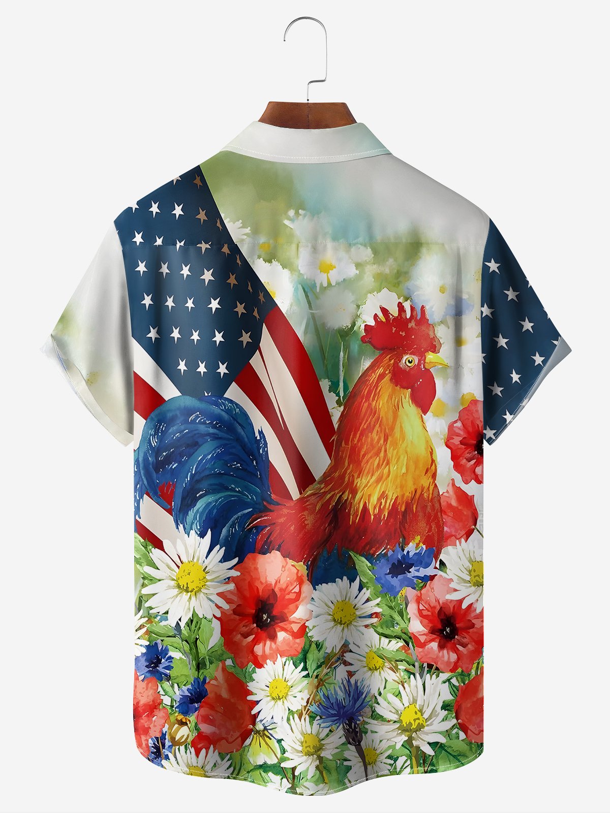 American Flag Rooster Chest Pocket Short Sleeve Casual Shirt