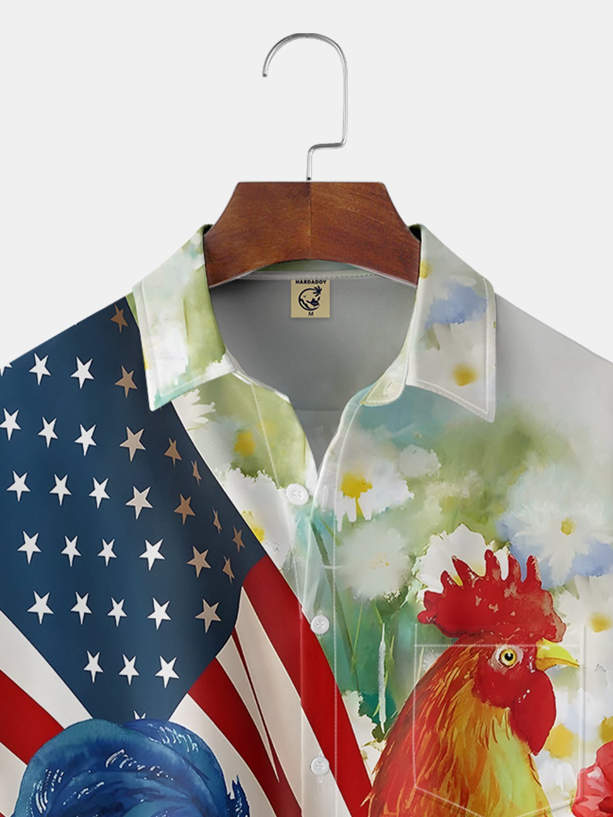 American Flag Rooster Chest Pocket Short Sleeve Casual Shirt