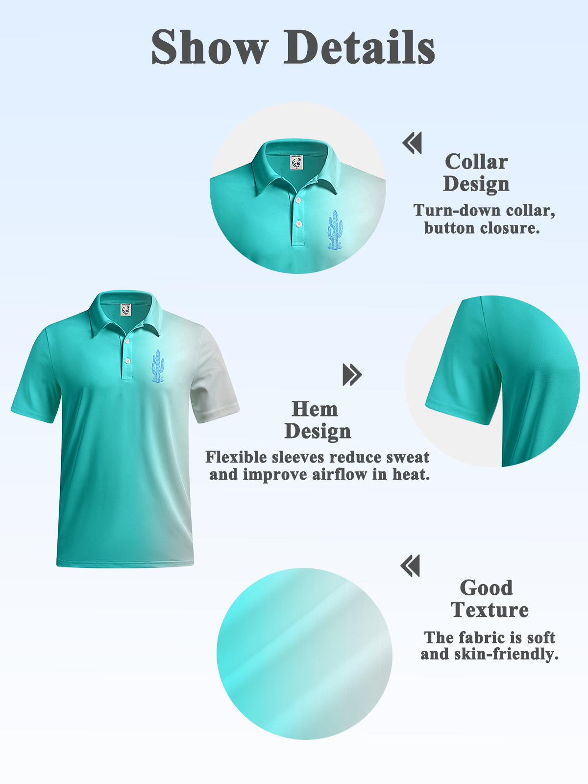 Hardaddy Golf Polo Sports Blue Shirts Short Sleeve Regular Fit Moisture-wicking Cactus Shirts