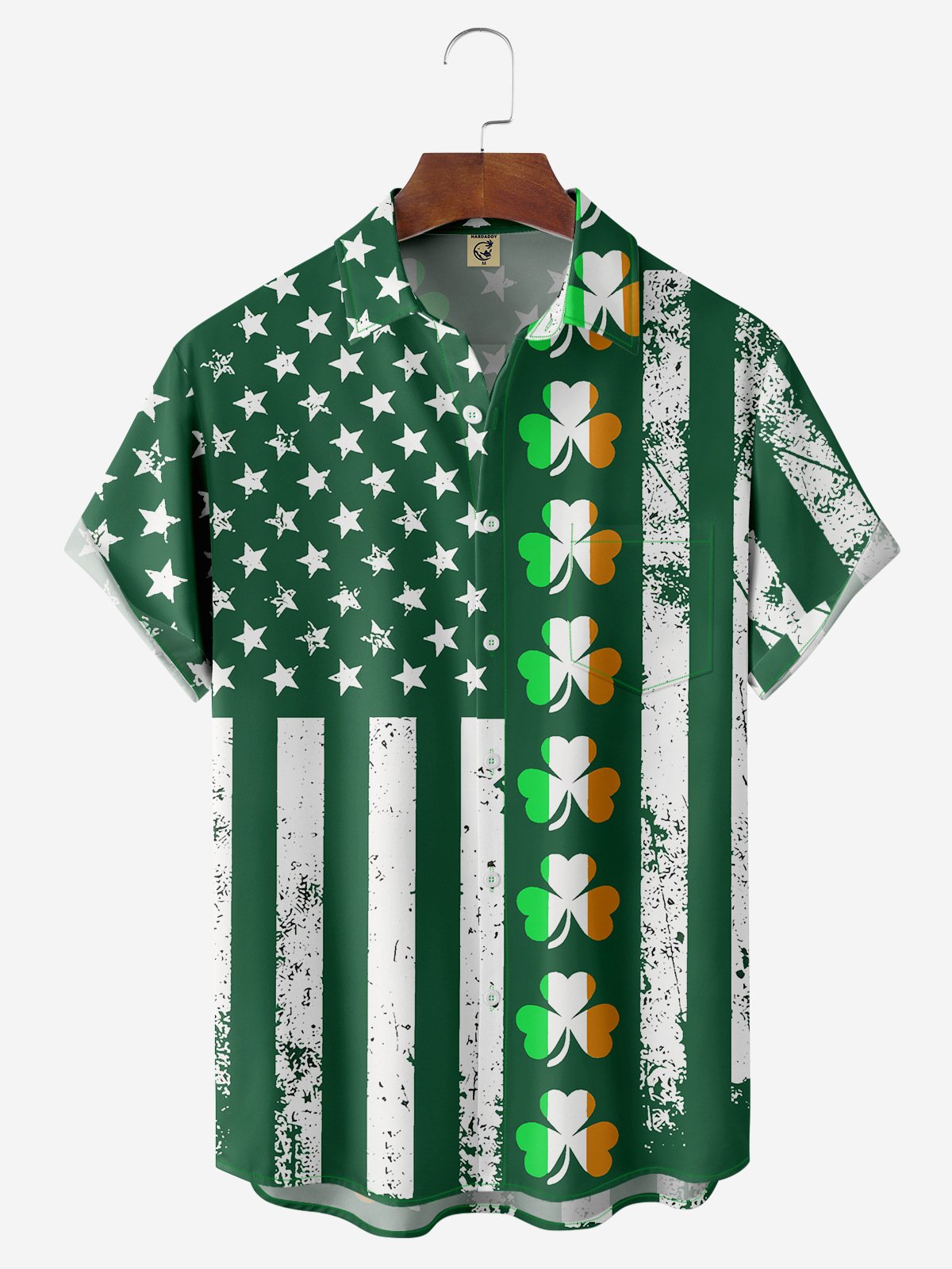 Hardaddy Hawaiian Button Up Shirt for Men Green St. Patrick's Day Lucky Clover American Flag Sharmark Regular Fit Short Sleeve Shirt St Paddy's Day Shirt