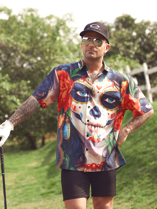 El Día de los Muertos Chest Pocket Short Sleeve Casual Shirt