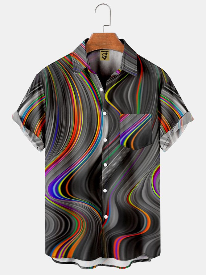 Hardaddy Mens 3D Abstract Print Casual Breathable Chest Pocket Short Sleeve Hawaiian Shirt