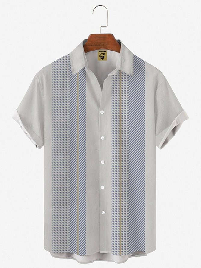 Mens Striped Print Round Hem Loose Short Sleeve Shirt