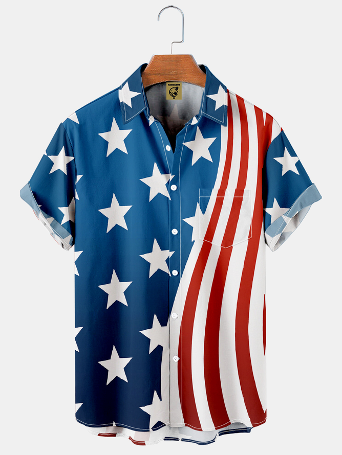 Hardaddy Mens American Flag Casual Breathable Chest Pocket Short Sleeve Hawaiian Shirt