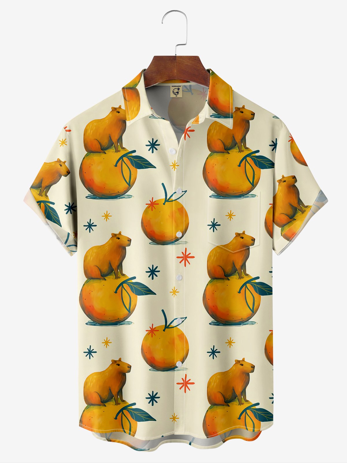 Breathable Capybara on the Orange Chest Pocket Hawaiian Shirt