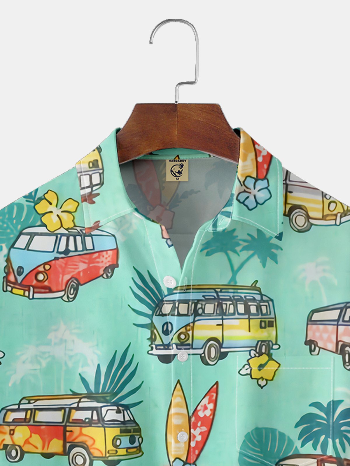 Hardaddy Moisture-wicking Palm Tree Vintage Car Chest Pocket Hawaiian Shirt