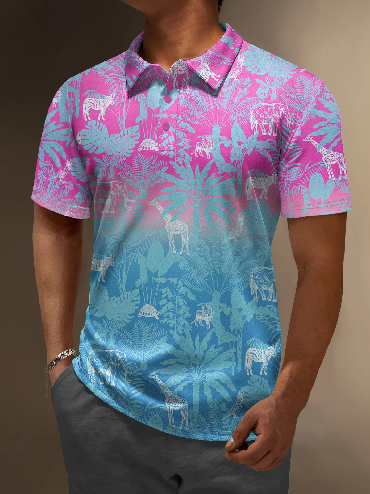 Hardaddy Moisture-wicking Golf Polo Gradient Color Tropical Plants Animals