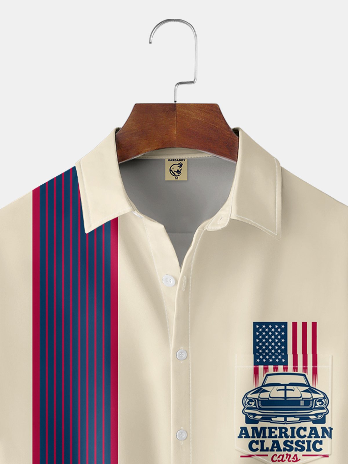 Breathable Retro Car Flag Chest Pocket Bowling Shirt