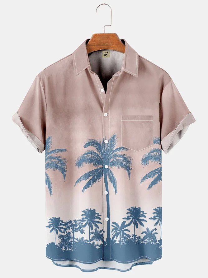 Mens Coconut Tree Printed Casual Breathable Hawaiian Short Sleeve Shirt