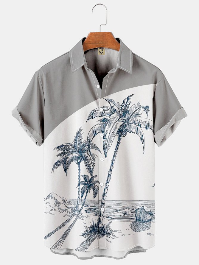 Hardaddy Mens Coconut Print Lapel Loose Short Sleeve Trendy Hawaiian Shirt
