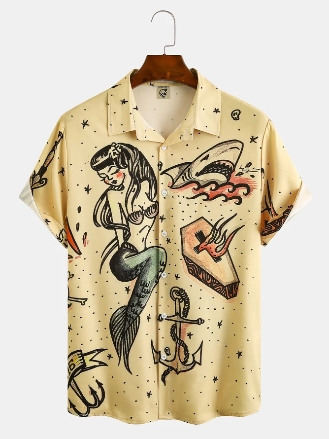 Men's Hawaiian Mermaid Ocean Element Retro Print Casual Breathable Short Sleeve Vintage Tattoo Hawaiian Shirt