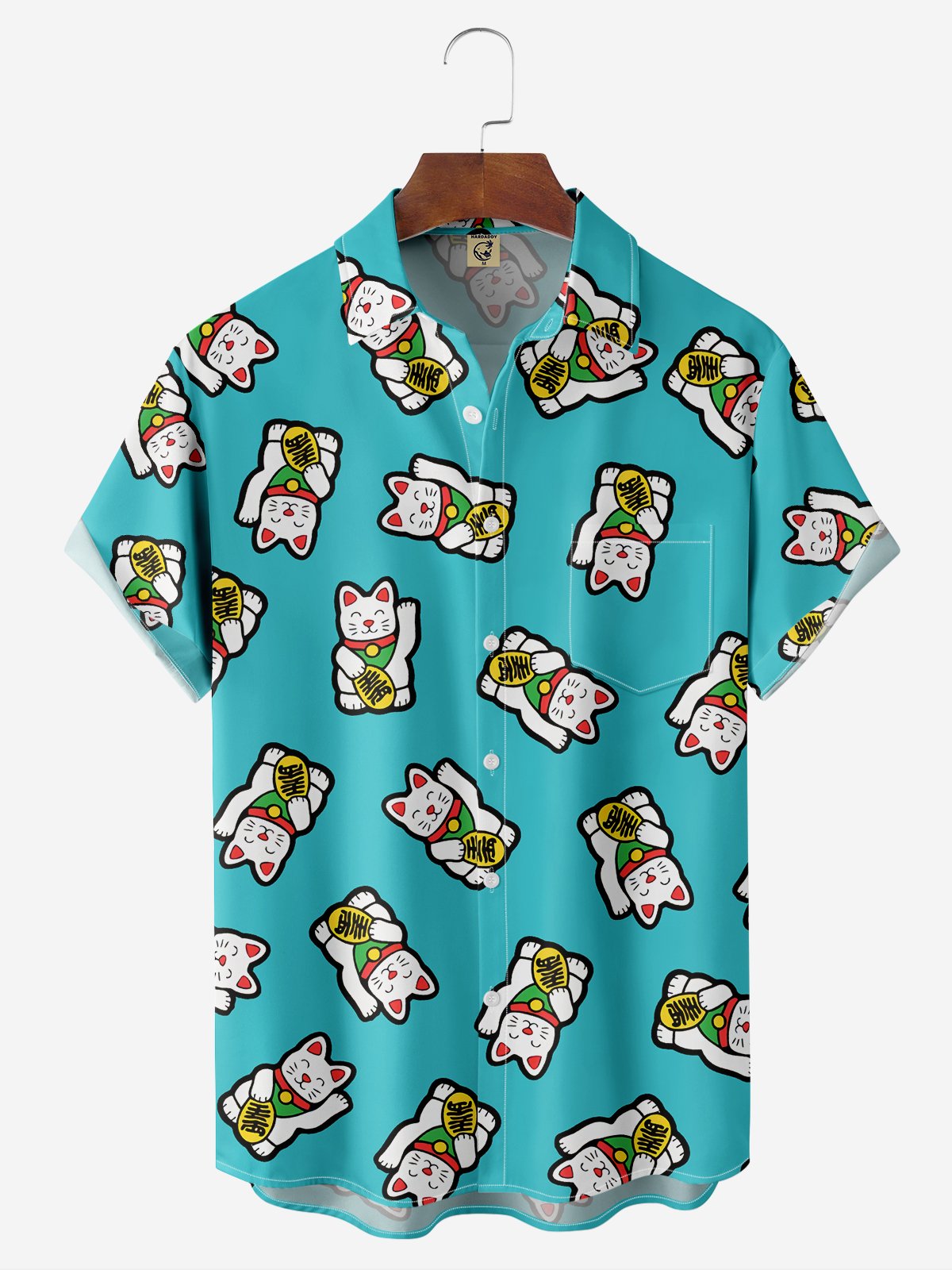 Moisture-wicking Maneki Neko Chest Pocket Hawaiian Shirt