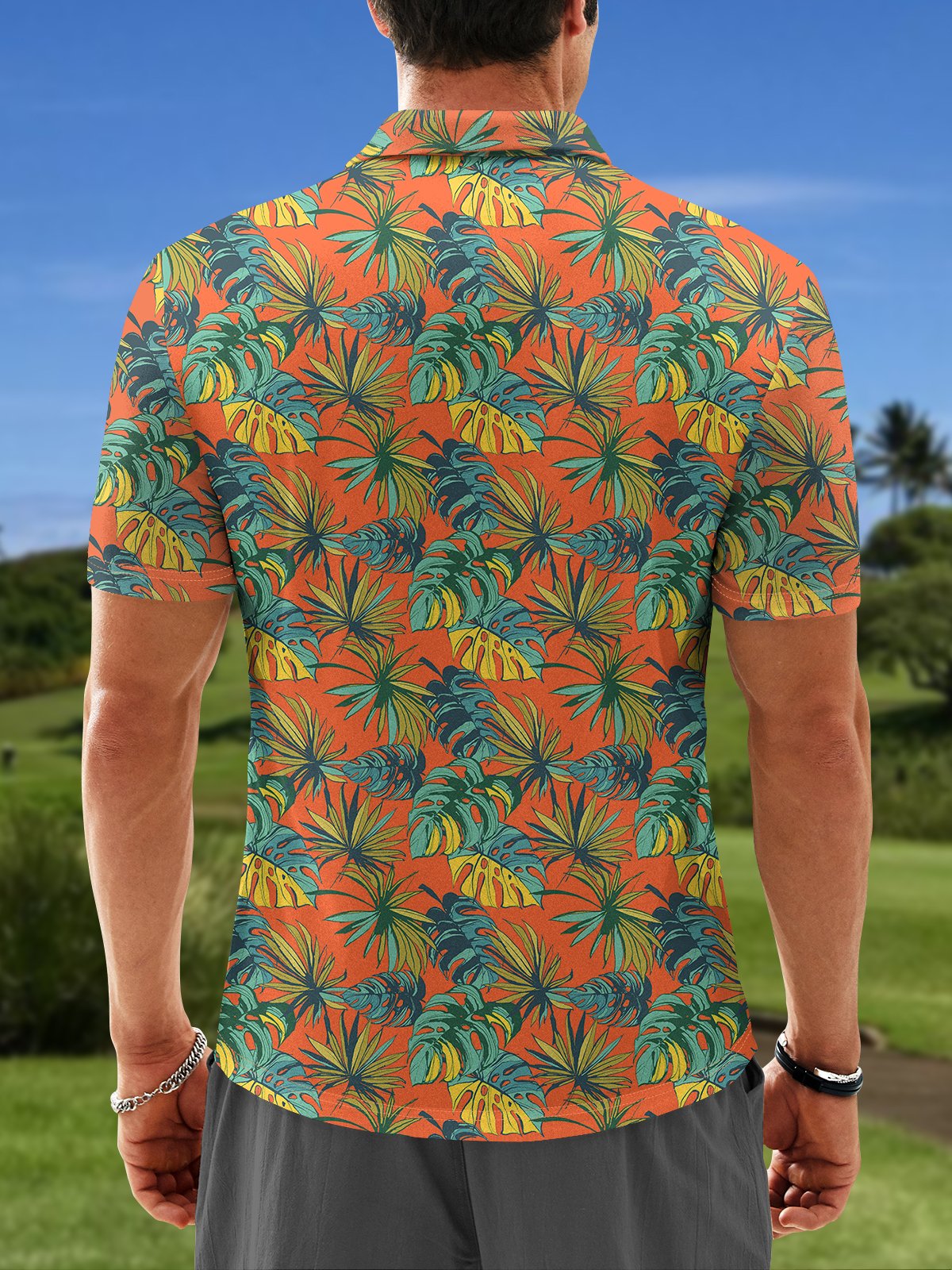 Moisture Wicking Golf Polo Tropical Plant Leaves