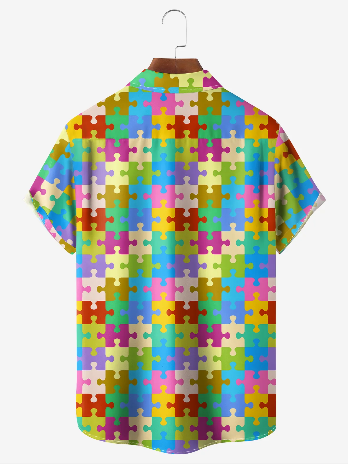 Moisture-Wicking Breathable Colorful Puzzle Dinosaur Chest Pocket Shirt