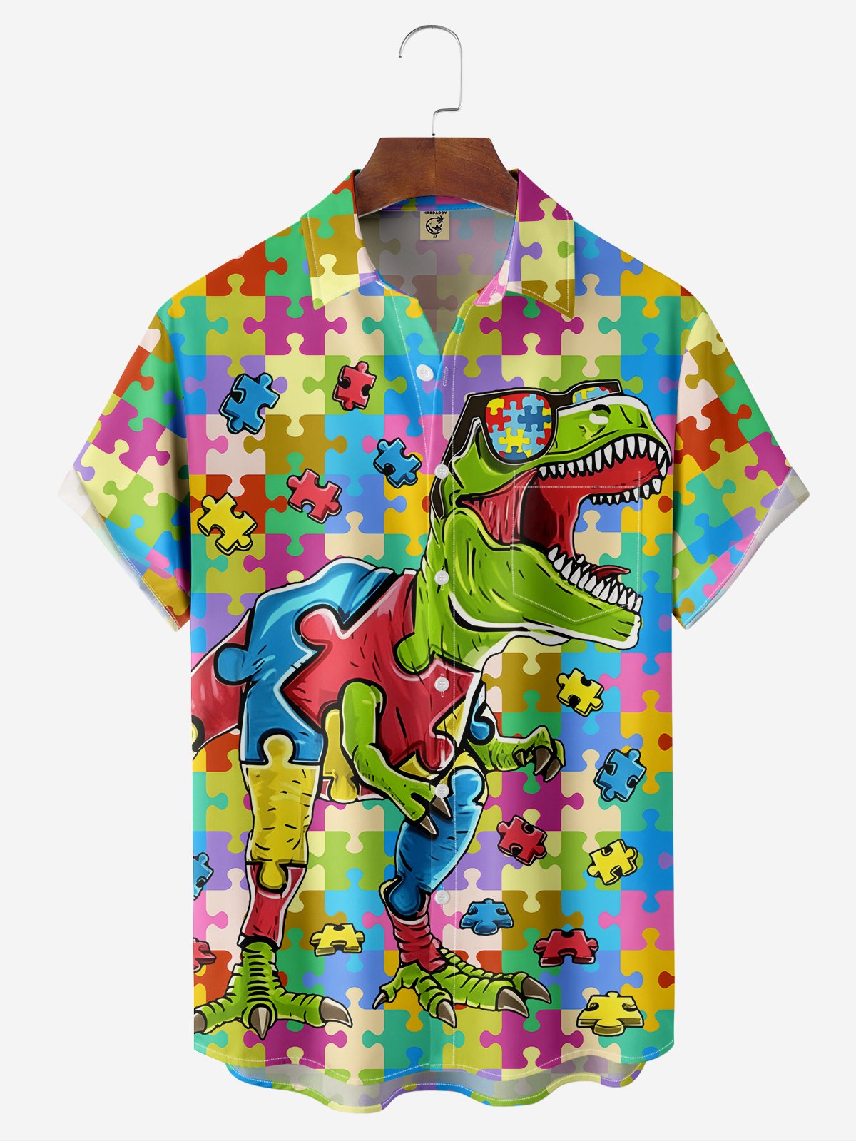 Moisture-Wicking Breathable Colorful Puzzle Dinosaur Chest Pocket Shirt