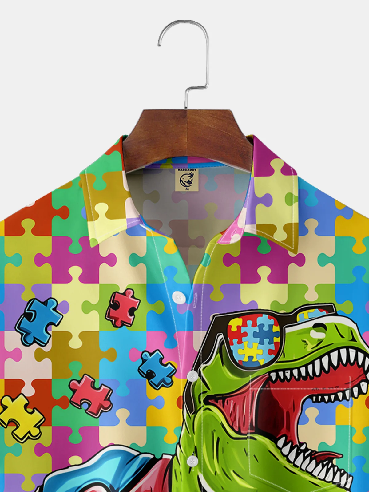 Moisture-Wicking Breathable Colorful Puzzle Dinosaur Chest Pocket Shirt