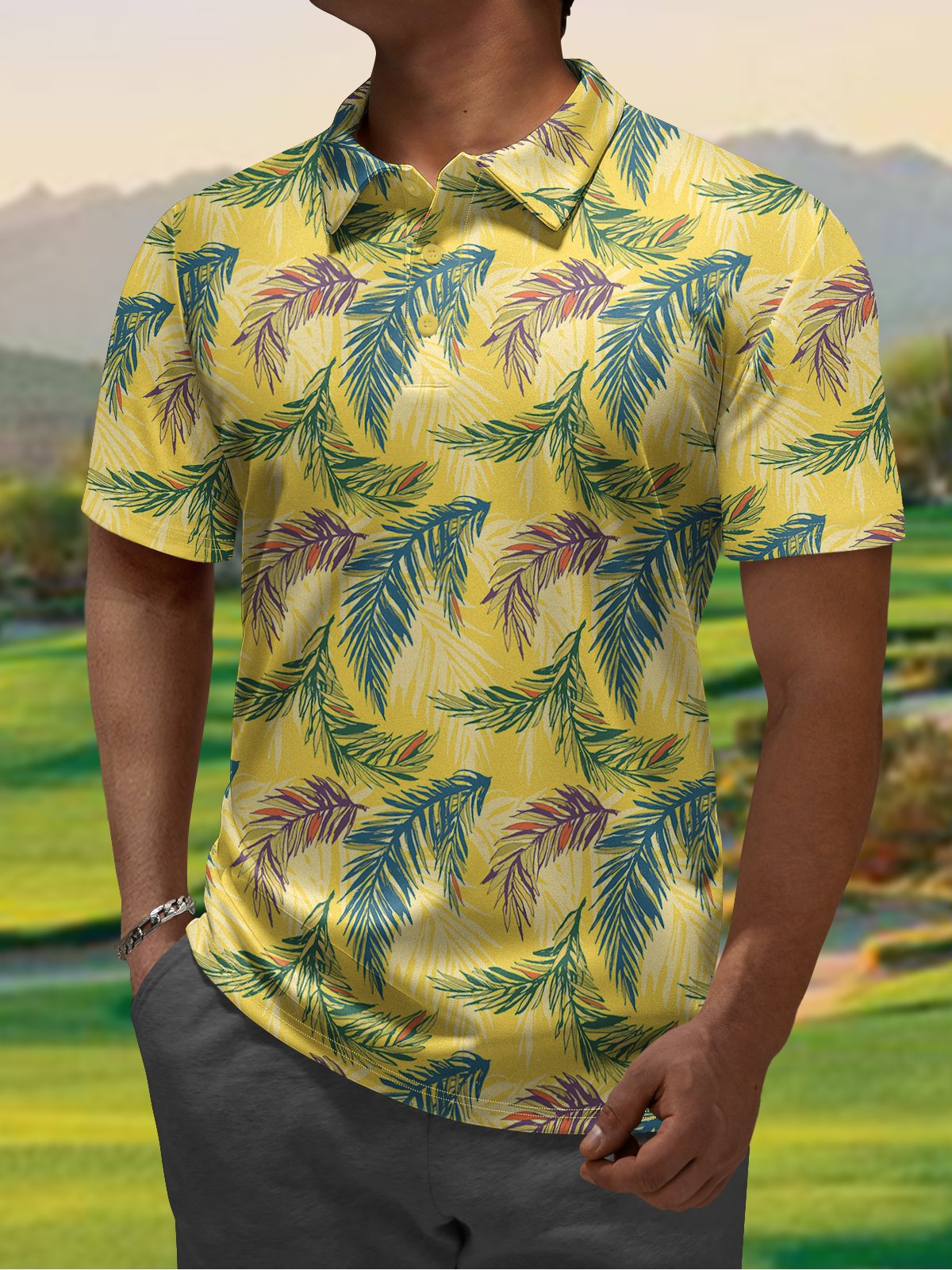 Moisture-wicking Golf Polo Tropical Plant Palm Leaf