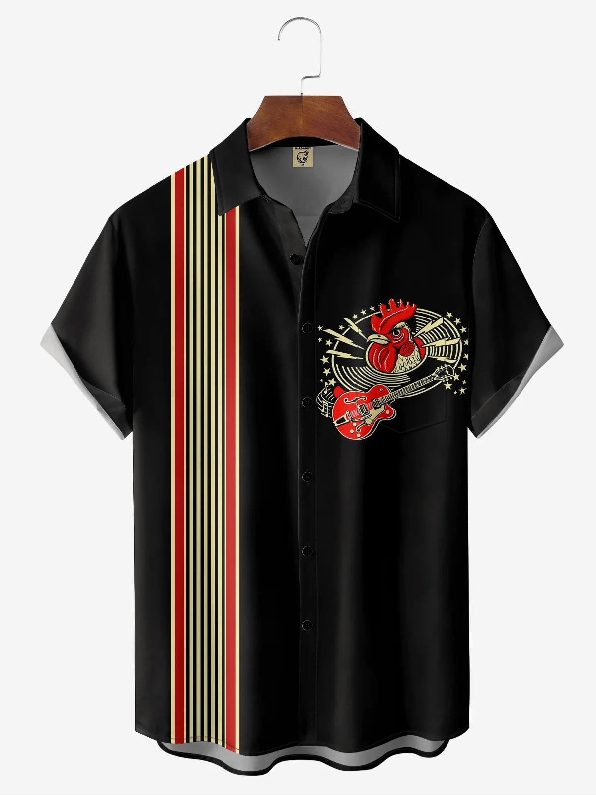 Moisture-wicking Cock Guitar Chest Pocket Bowling Shirt