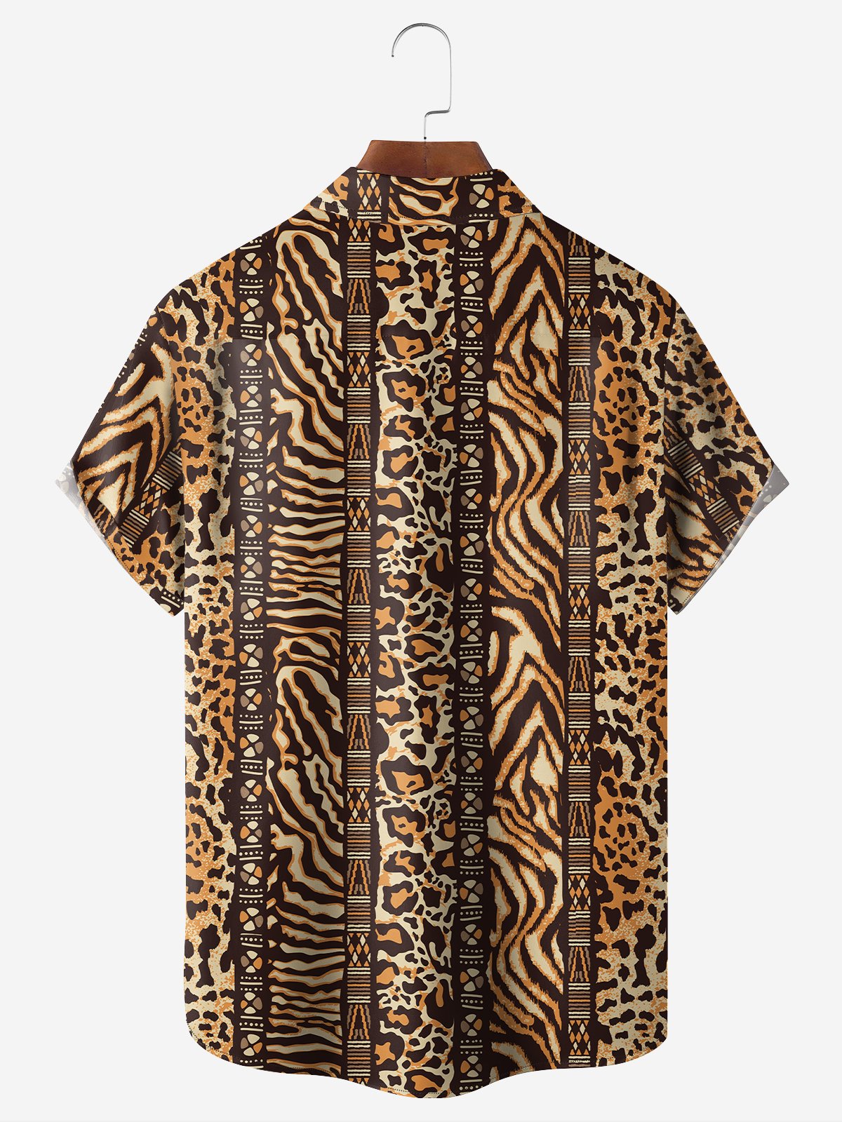 Moisture-Wicking Striped Leopard Print Chest Pocket Shirt