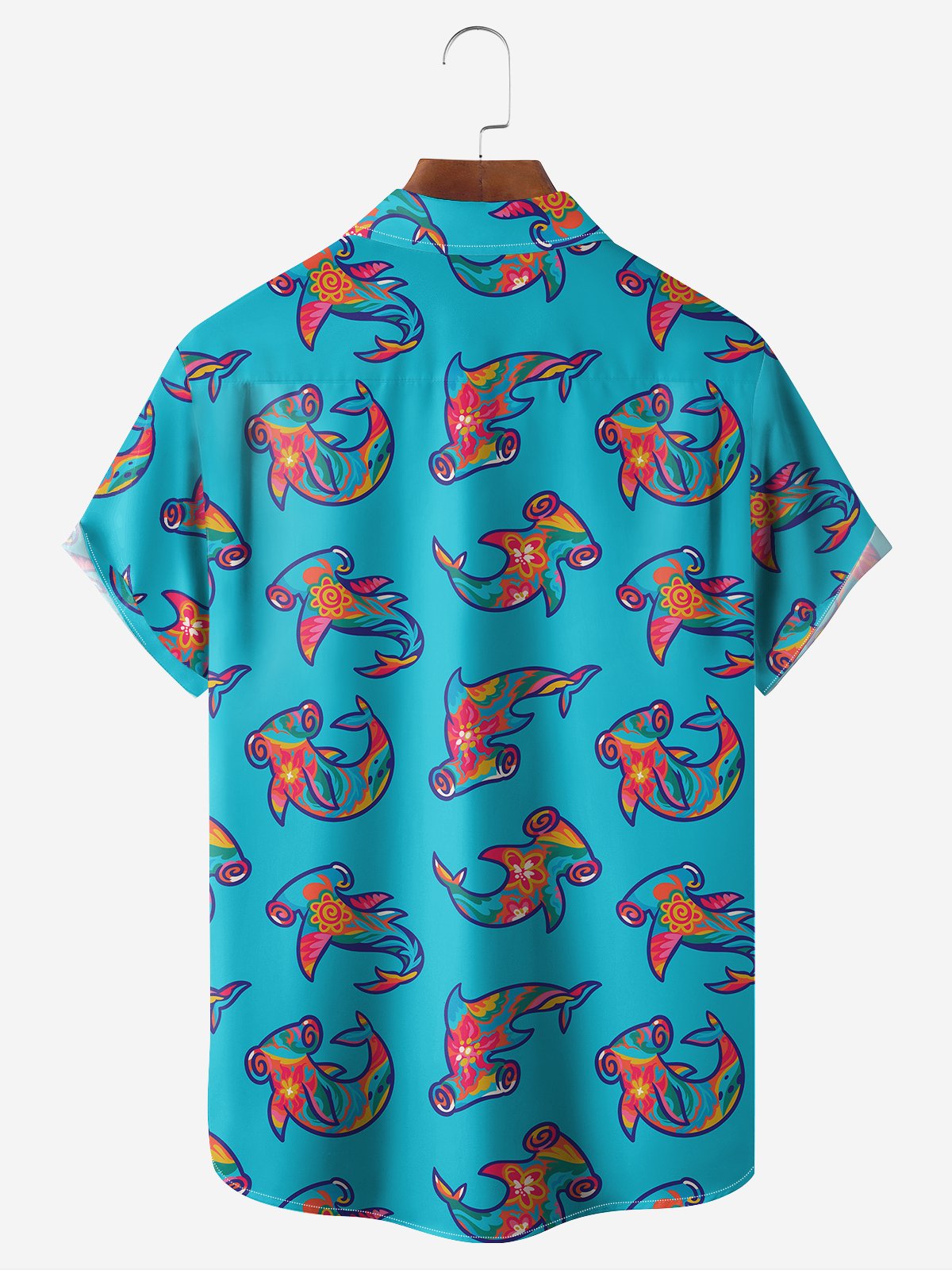 Moisture-Wicking Shark Print Chest Pocket Hawaiian Shirt
