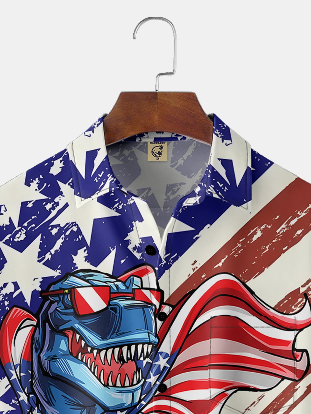 Moisture-wicking American Flag Dinosaur Chest Pocket Hawaiian Shirt