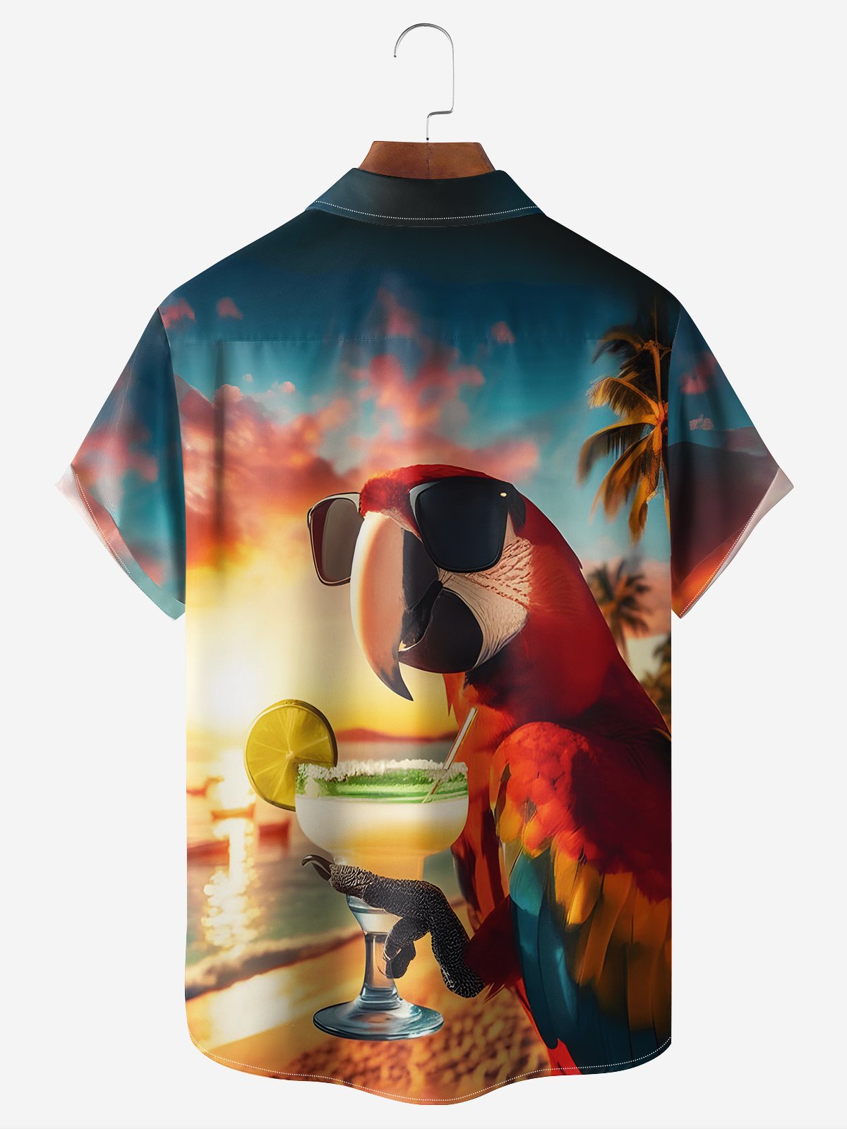 Moisture-wicking Beach Parrot Cocktail Chest Pocket Hawaiian Shirt