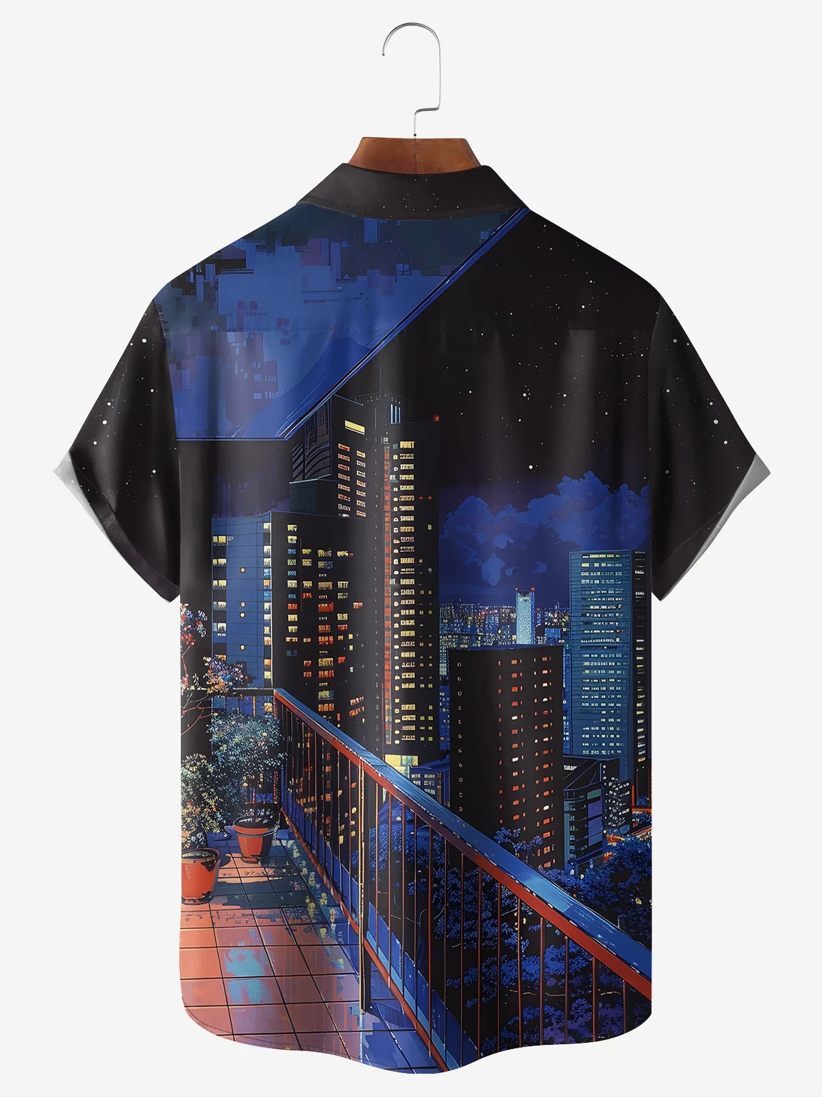Moisture-wicking City Illustration Chest Pocket Hawaiian Shirt